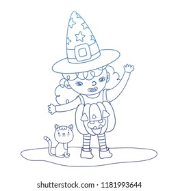 degraded outline pumpkin girl costume wearing hat with cat