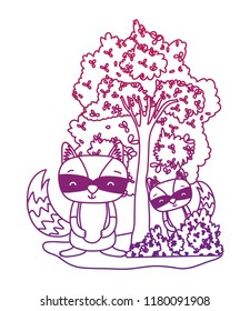 degraded outline raccoons friends animals with bushes and tree