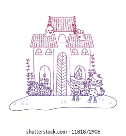 degraded outline scary castle with ghosts and girls costumes