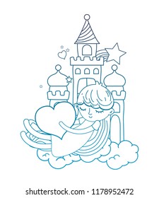 degraded outline sleeping girl with heart in the castle and clouds