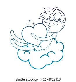 degraded outline slepping boy with heart in the fluffy cloud