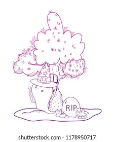 degraded outline tree house with ghost hat and rip stone