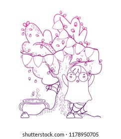 degraded outline tree with party flags and ghost with pot cauldron