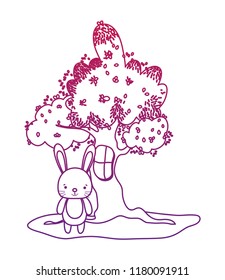 degraded outline tree with window and cute rabbit wild animal