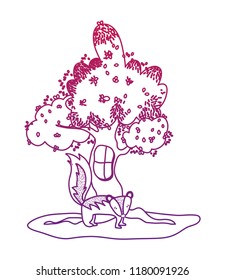 degraded outline tree with window and cute skunk wild animal
