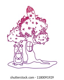 degraded outline tree with window and cute bear wild animal