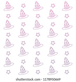 degraded outline witch hat with ribbon and star background