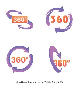 Iconos de grado 360 establecen el vector de dibujos animados. Rotación trescientos sesenta grados. Panorama