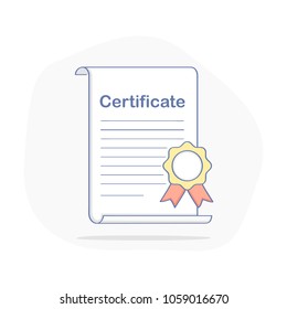 Degree blank, Certificate Document, Contact, Graduate Degree, Quality License, quality icon, diploma, award or achievement with stamp. Flat outline vector concept on white.