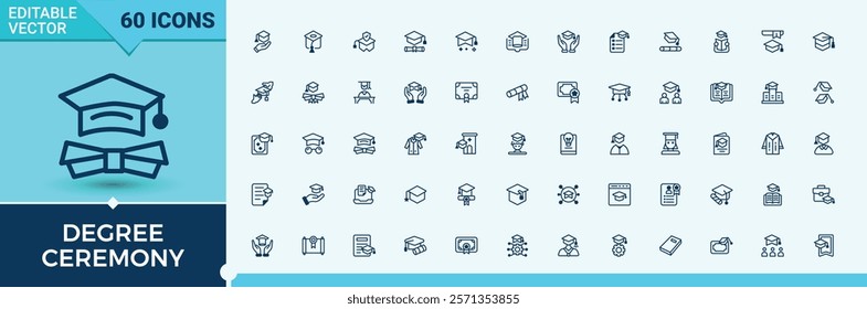 Degree Ceremony icon pack. Related to certificate, master, achievement, book, study. Outline icon. Solid line editable stroke. Vector line and solid icons.