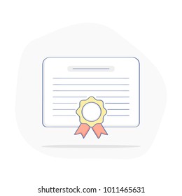 Degree, certificate, contact, graduate degree, charter, license, quality icon, diploma, award or achievement with stamp. Flat outline vector concept on white.