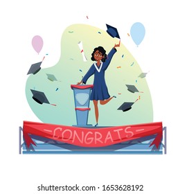 Degree Certificate Receiving und Graduation Speech Zeremonie. Preisverleihung. Student der weiblichen Cartoon in Gown Stage in Podium und Throwing Hat. Vektorillustration Feiern Flache Illustration