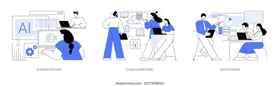 Degree in Computing isolated cartoon vector illustrations set. Study AI architecture, machine learning, diploma in cloud computing, data science university project, higher education vector cartoon.