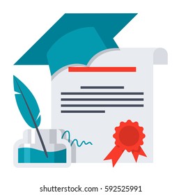 Degree concept with graduation cap, diploma and inkwell