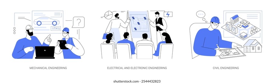 Abschluss in Ingenieurwissenschaften, einzelne Zeichentrickvektorillustrationen. Zukünftige Maschinenbauingenieure diskutieren Projekt mit Professor, Studienelektronik, Student Zeichnung Bauingenieurmodell Vektor Cartoon.