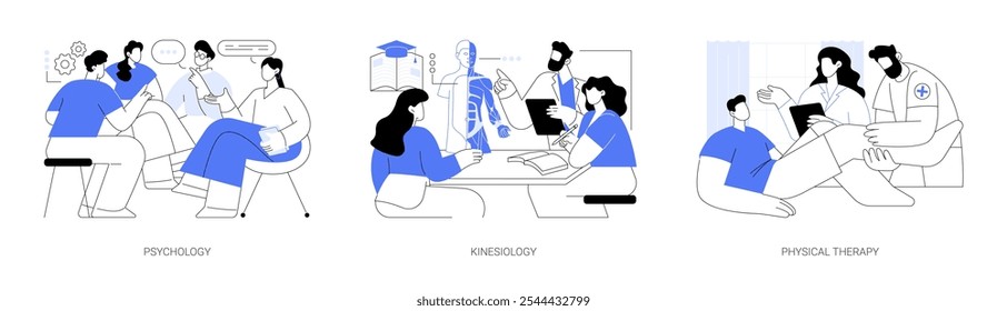 Degree in Healthcare isolated cartoon vector illustrations set. Study psychology, learning kinesiology science, explore human body model, physical therapy hospital practice vector cartoon.