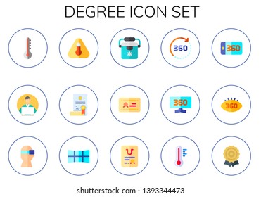 degree icon set. 15 flat degree icons.  Collection Of - thermometer, student, high temperature, certificate, freezer, diploma, degrees, panoramic view, virtual reality, panorama