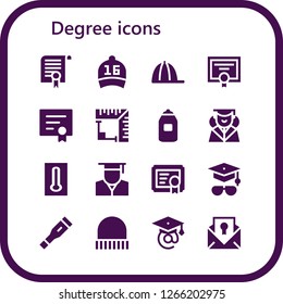  degree icon set. 16 filled degree icons. Simple modern icons about  - Certificate, Cap, Diploma, Angle, Thermometer, Graduation, Graduate, Mortarboard