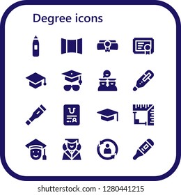  degree icon set. 16 filled degree icons. Simple modern icons about  - Thermometer, Panoramic, Diploma, Certificate, Mortarboard, Graduates, Graduation, Angle, Graduated, Rotate