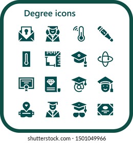 degree icon set. 16 filled degree icons.  Collection Of - Certificate, Graduation, Thermometer, Angle, Mortarboard, 360 , Diploma, Graduated, Virtual reality