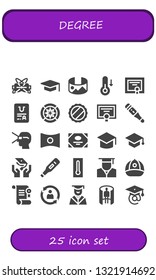 degree icon set. 25 filled degree icons.  Collection Of - Virtual reality, Graduation, panorama 360 , Temperature, Diploma, Certificate, Wind rose, Cap, Thermometer, Panorama