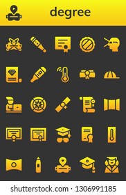 degree icon set. 26 filled degree icons.  Collection Of - Virtual reality, Thermometer, Diploma, Cap, Certificate, Student, Wind rose, Panoramic, Mortarboard, Panorama, Graduation
