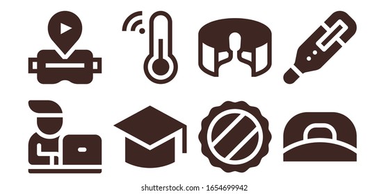 degree icon set. 8 filled degree icons.  Simple modern icons such as: Student, Virtual reality, Graduation, Thermometer, Cap, panorama 360