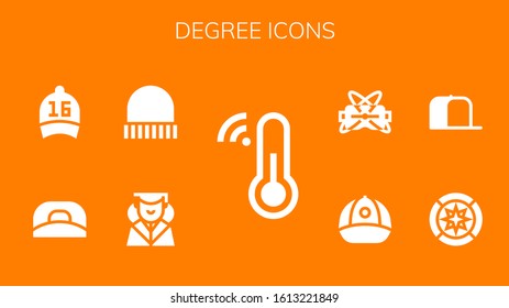 degree icon set. 9 filled degree icons. Included Thermometer, Graduation, Cap, Wind rose, Virtual reality icons