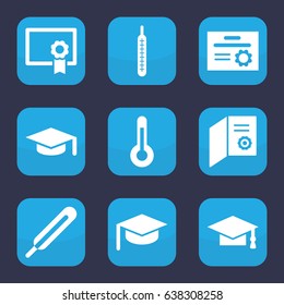Degree icon. set of 9 filled degree icons such as graduation cap, themometer, thermometer, temperature, diploma