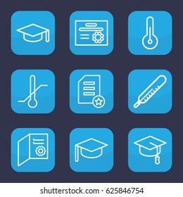 Degree icon. set of 9 outline degree icons such as thermometer, temperature, graduation hat, diploma
