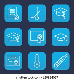 Degree icon. set of 9 outline degree icons such as graduation cap, thermometer, temperature, diploma, graduation hat