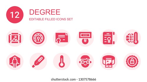 degree icon set. Collection of 12 filled degree icons included Panoramic view, Thermometer, Certificate, Degree, Virtual reality, Student, 360, Certification