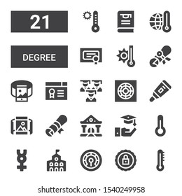 degree icon set. Collection of 21 filled degree icons included Thermometer, Certification, College, Mercury, Graduation, Diploma, Panoramic view, Cooler, Certificate, 360, Temperature