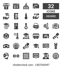 degree icon set. Collection of 32 filled degree icons included Thermometer, Student, Certificate, Cooler, Vr, Virtual reality, Mercury, Diploma, Graduation hat, Graduation, Temperature