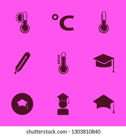 degree icon set with thermometer, temperature sun and graduation hat vector illustration