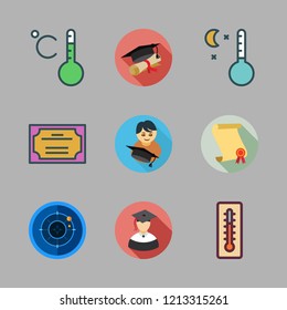 degree icon set. vector set about temperature, diploma, certificate and thermometer icons set.