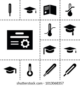 Degree icons. set of 13 editable filled degree icons such as graduation hat, themometer, thermometer, temperature, arrows up