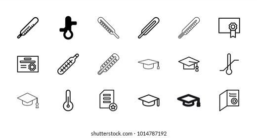 Degree icons. set of 18 editable outline degree icons: thermometer, graduation cap, graduation hat, diploma, themometer