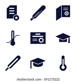degree icons set. Set of 9 degree filled icons such as thermometer, graduation cap, themometer, temperature, diploma