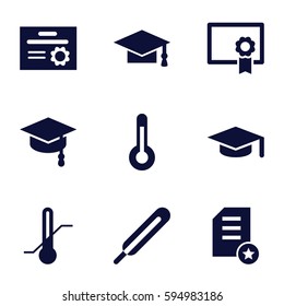 degree icons set. Set of 9 degree filled icons such as graduation cap, themometer, thermometer, temperature, diploma, arrows up