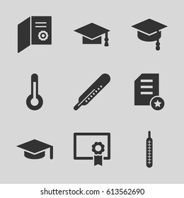 Degree icons set. set of 9 degree filled icons such as thermometer, graduation cap, temperature, diploma, arrows up