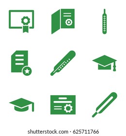 Degree icons set. set of 9 degree filled icons such as thermometer, graduation cap, themometer, diploma
