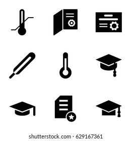 Degree icons set. set of 9 degree filled icons such as graduation cap, themometer, thermometer, temperature, arrows up, diploma