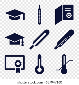 Degree icons set. set of 9 degree filled icons such as thermometer, graduation cap, themometer, temperature, diploma