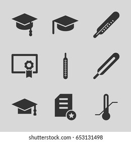Degree icons set. set of 9 degree filled icons such as thermometer, graduation cap, themometer, diploma, arrows up