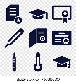 Degree icons set. set of 9 degree filled icons such as graduation cap, themometer, thermometer, temperature, diploma