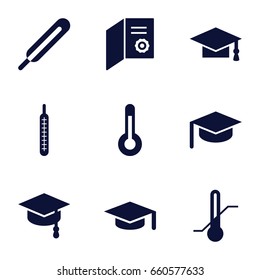 Degree icons set. set of 9 degree filled icons such as graduation cap, themometer, thermometer, temperature, arrows up, graduation hat
