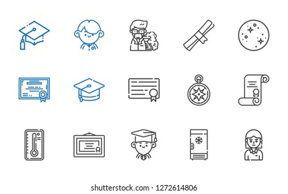 degree icons set. Collection of degree with student, freezer, graduate, diploma, temperature, wind rose, mortarboard, certificate, mercury. Editable and scalable degree icons.