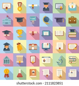 Degree icons set flat vector. Academic bachelor. Celebration ceremony