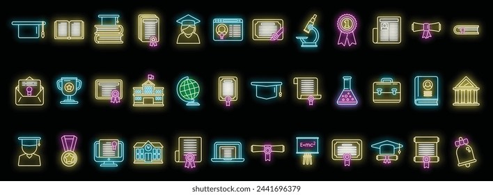 Degree icons set outline vector. Academic bachelor. Celebration ceremony neon color on black